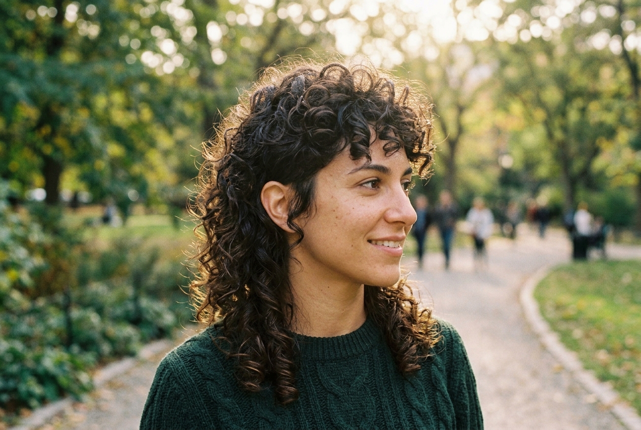 Curly mullet na naturalnie kręconych włosach z krótszym bokiem i dłuższym tyłem
