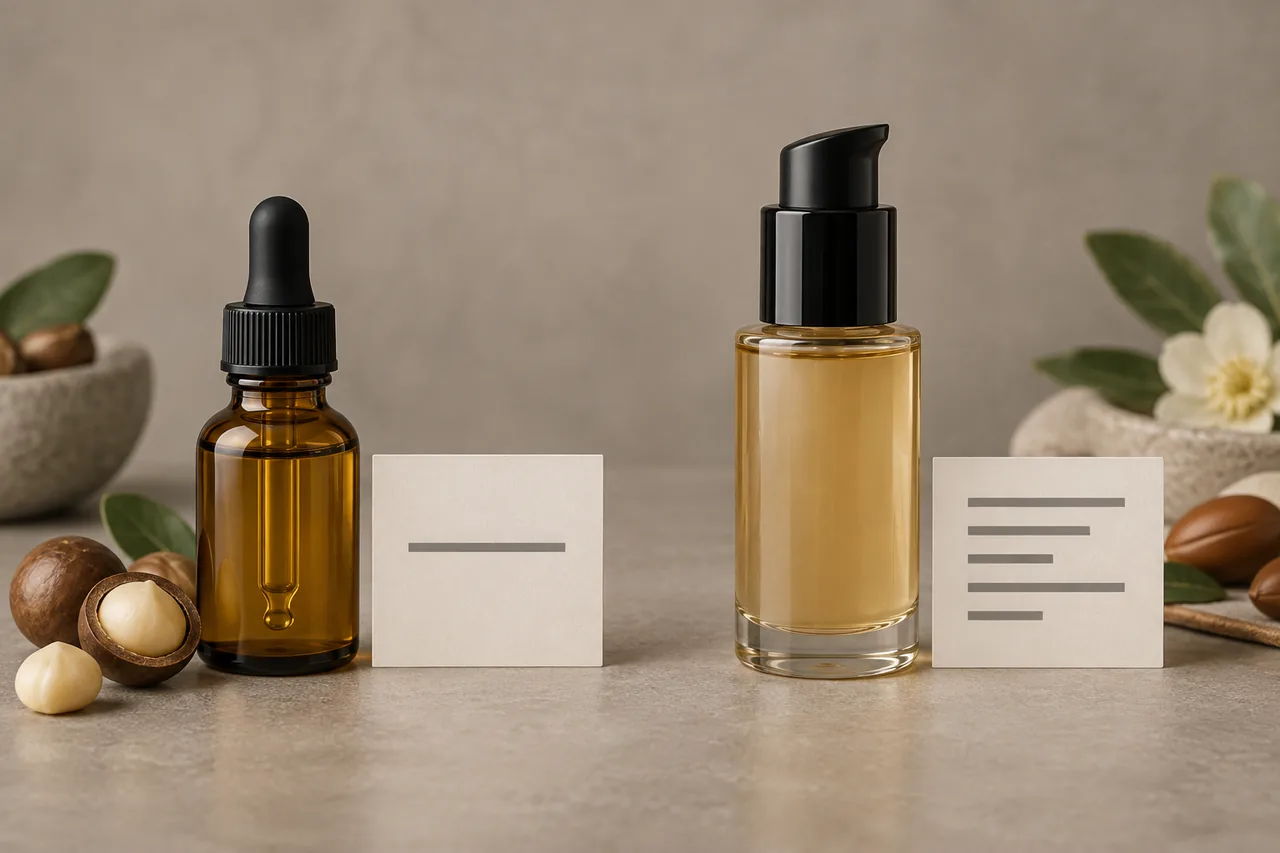 Czysty olej makadamia w butelce z pipetą obok wieloskładnikowego serum z pompką