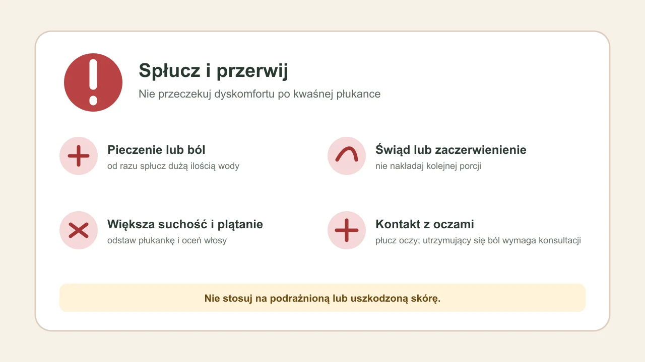 Sygnały, by spłukać i przerwać płukankę: pieczenie, świąd, suchość lub kontakt z oczami