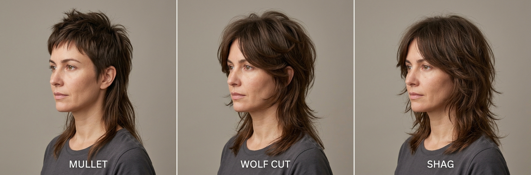 Porównanie fryzur mullet, wolf cut i shag na trzech profilach