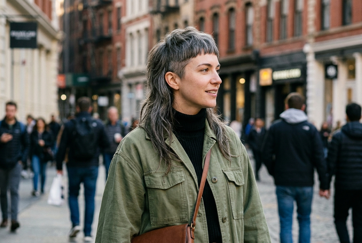 Modern mullet z krótką grzywką, krótszymi bokami i dłuższym tyłem