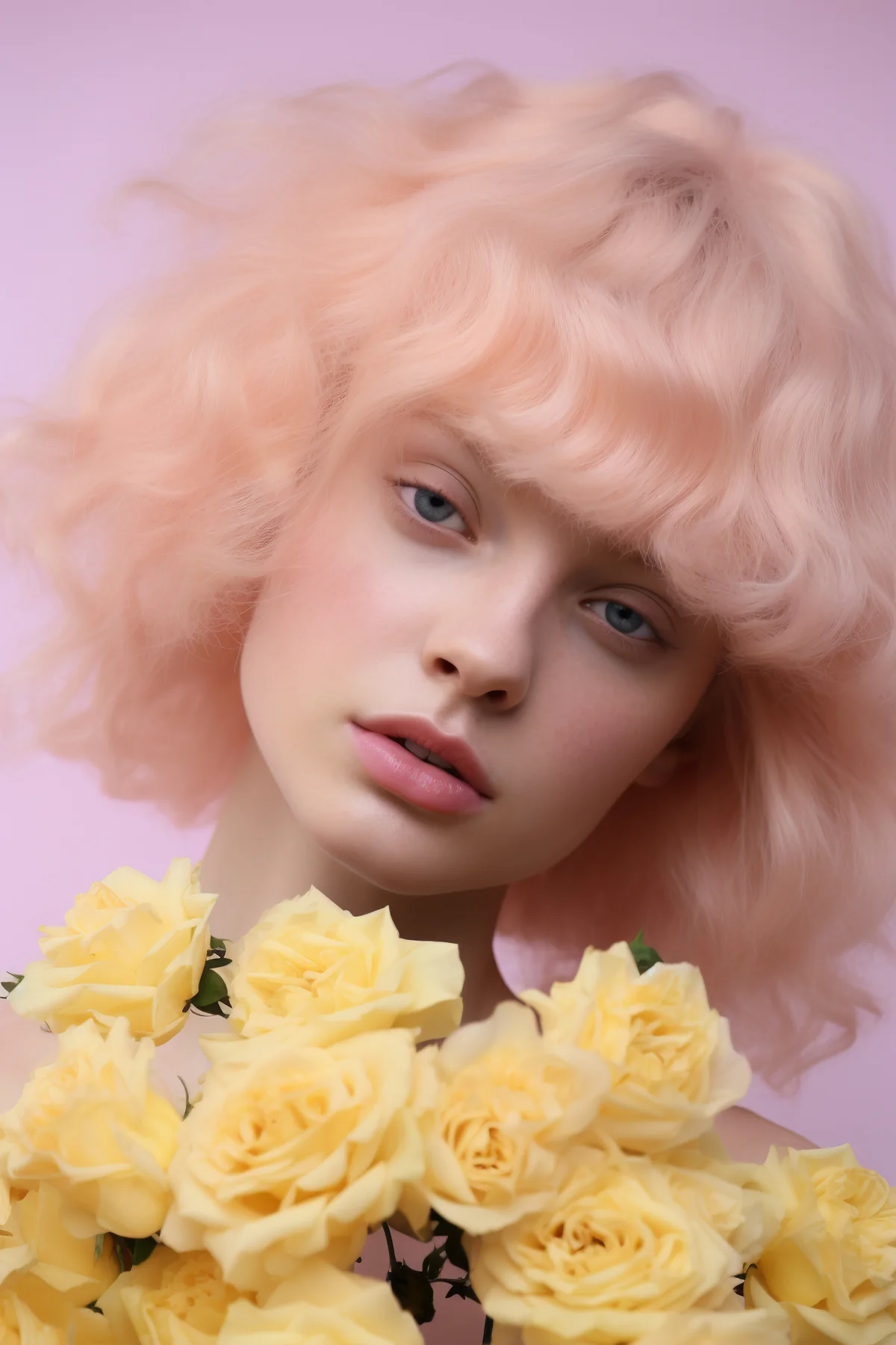 Jasny pastelowy brzoskwiniowy blond na krótkich falowanych włosach