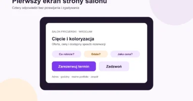 Pierwszy ekran strony salonu z ofertą, lokalizacją i przyciskiem rezerwacji