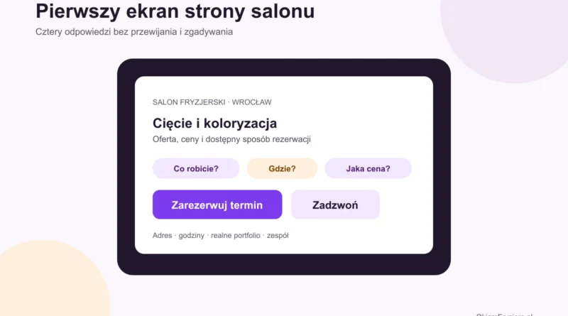 Pierwszy ekran strony salonu z ofertą, lokalizacją i przyciskiem rezerwacji