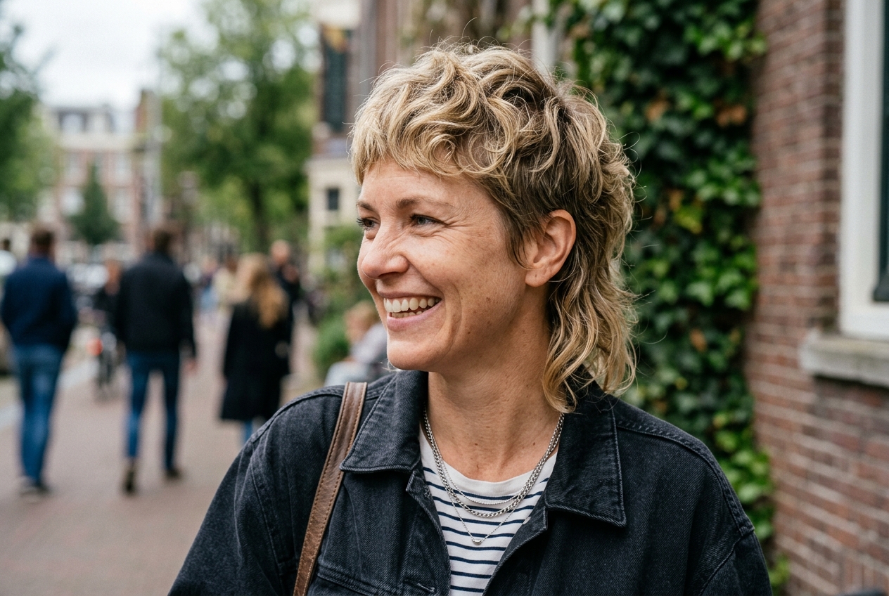Krótki pixie mullet z teksturowaną blond górą i wydłużonym karkiem
