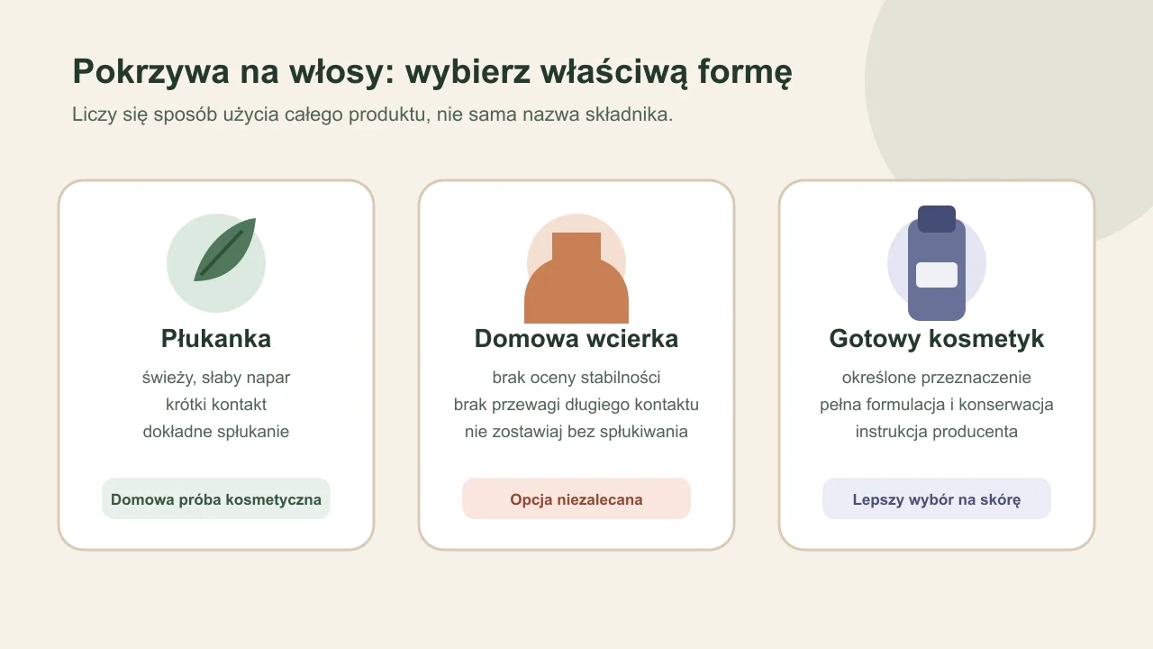 Porównanie płukanki, domowej wcierki i gotowego kosmetyku z pokrzywą