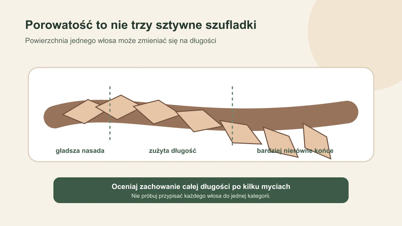 Schemat nierównej powierzchni włosa zmieniającej się od nasady do końców