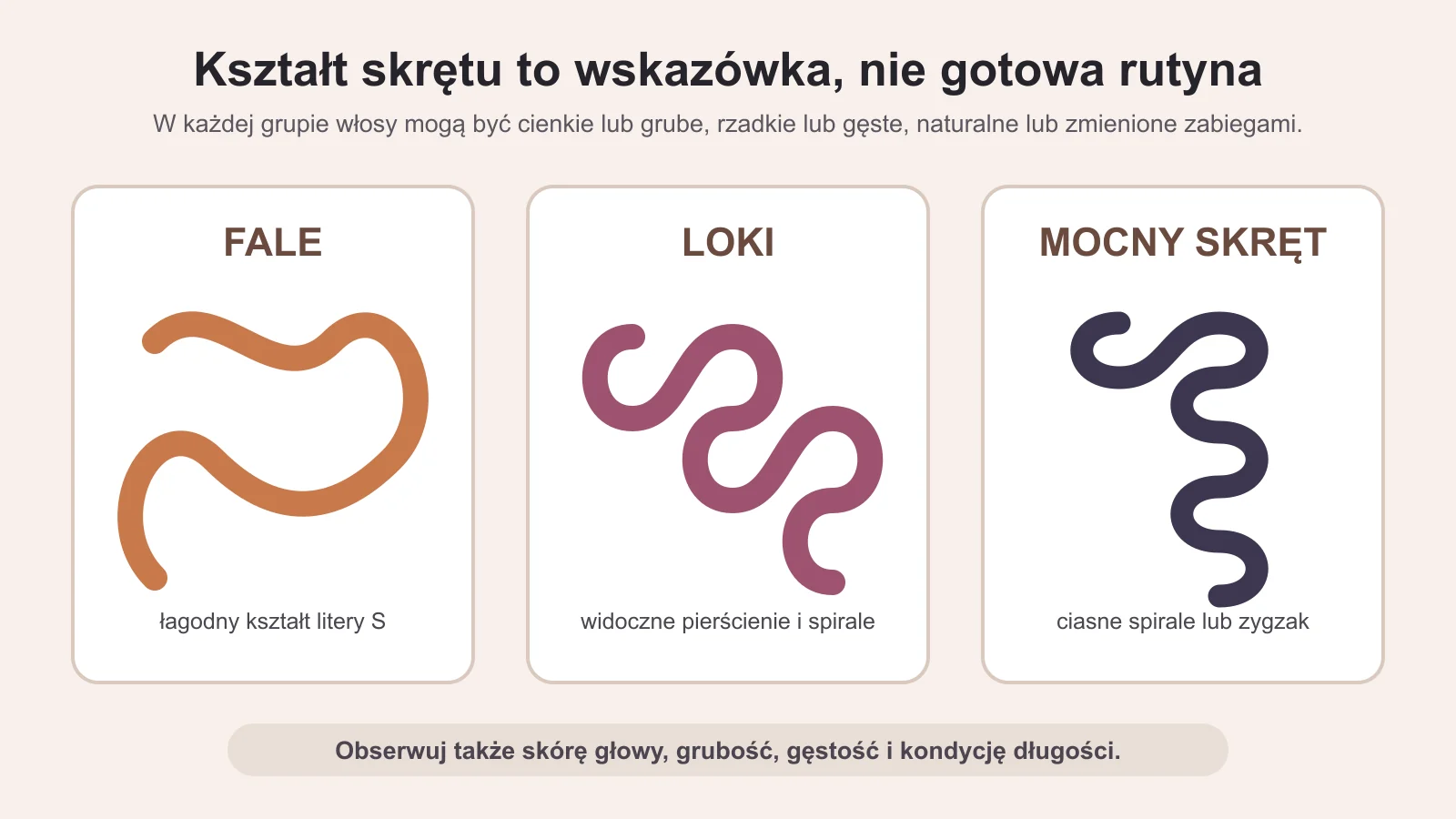 Fale, loki i mocny skręt jako trzy opisowe grupy kształtu włosów