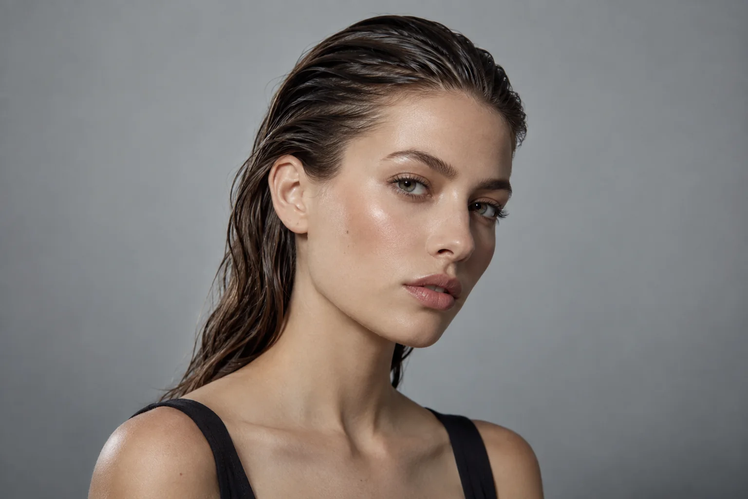 Zaczesane do tyłu włosy z efektem wet look